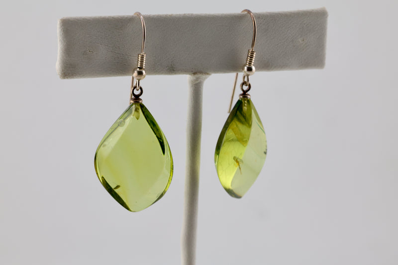 Green Amber Earrings Sterling Silver
